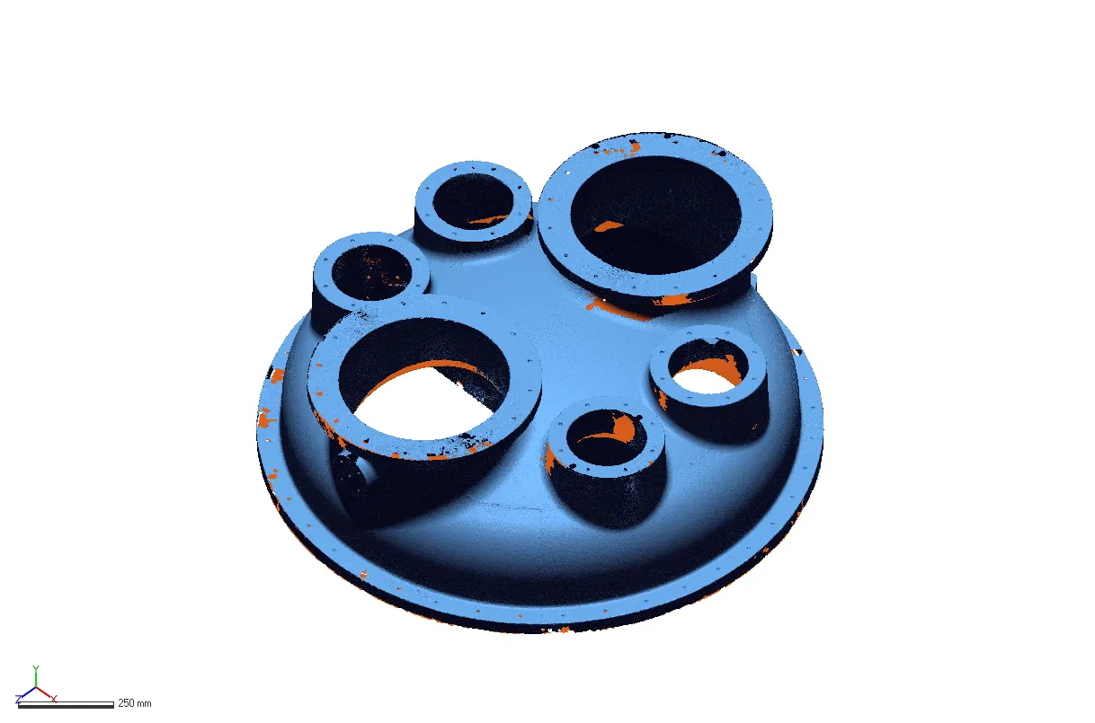 Scanned mesh of a domed multi-port cover with several flanged openings and a scale bar