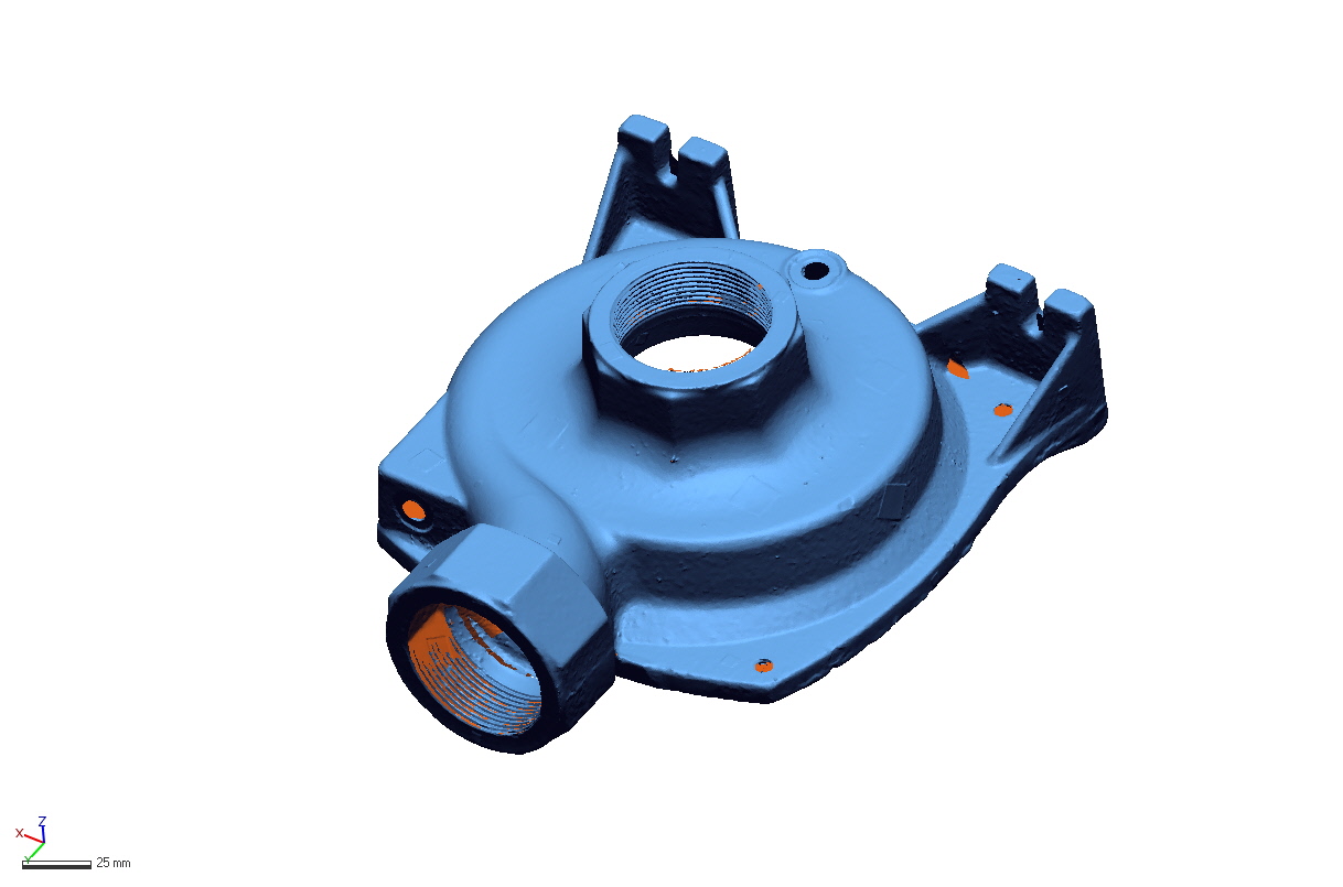 Scanned mesh of a small volute-shaped cast casing with threaded ports and a scale bar