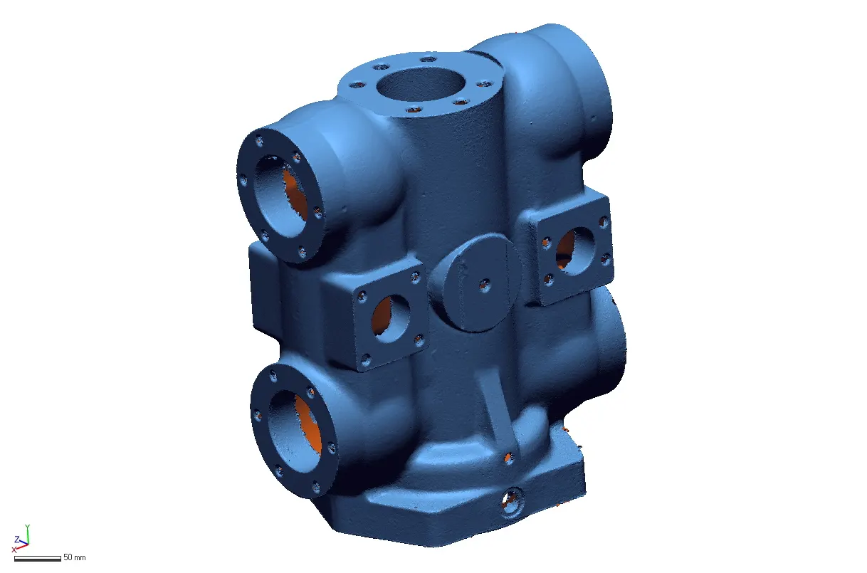 Scanned mesh of a cast multi-port body with flanged connections and a scale bar