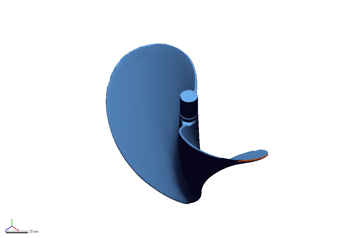 Scanned mesh of a single curved blade with a mounting boss and a scale bar