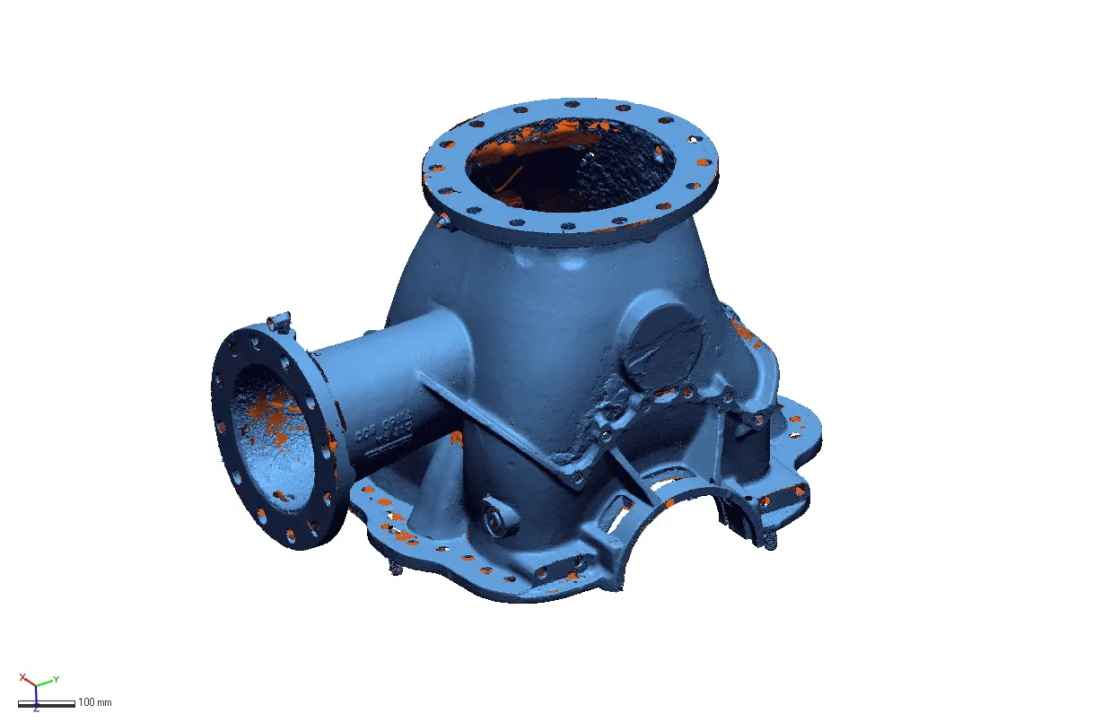 Scanned mesh of a flanged pump casing with multiple bolted flange faces and a scale bar