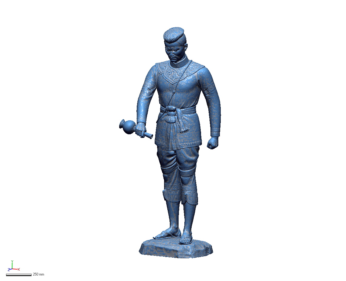 Scanned mesh of a standing decorative statue with ornamental surface detail and a scale bar