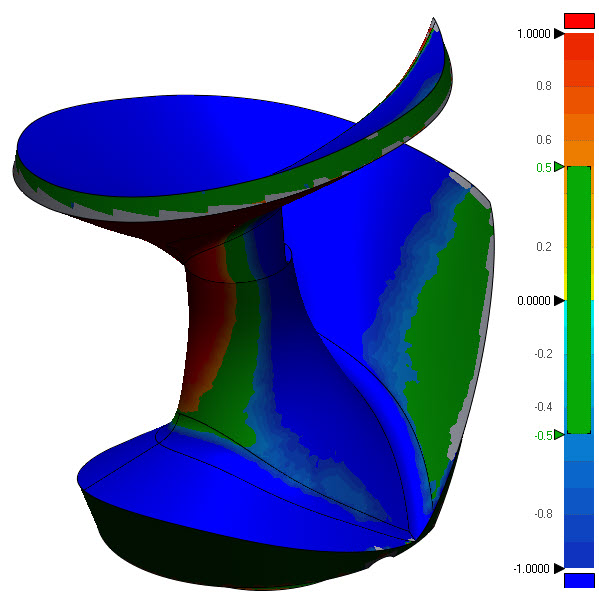 Surface deviation map comparing scanned component geometry with an aligned reference model