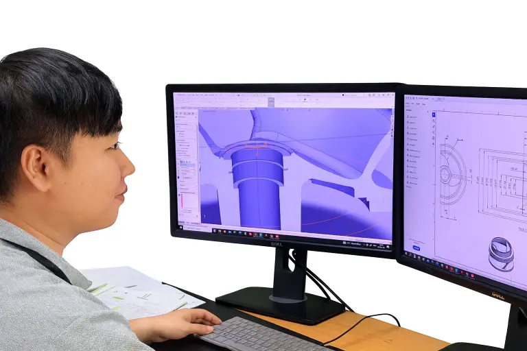 Engineer reviewing a 3D component model and a technical drawing on two screens